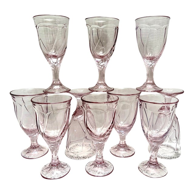 Vintage Pink Wavy Glass Stemware Goblets, Set of Ten For Sale