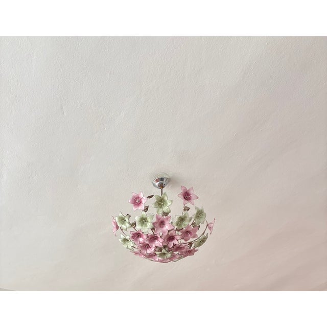 Vintage Italian Murano Style Botanical Flower Ceiling Light, Vintage Handblown Pink Green Glass Bouquet Chandelier, 5-Light Flush Mount For Sale - Image 4 of 17
