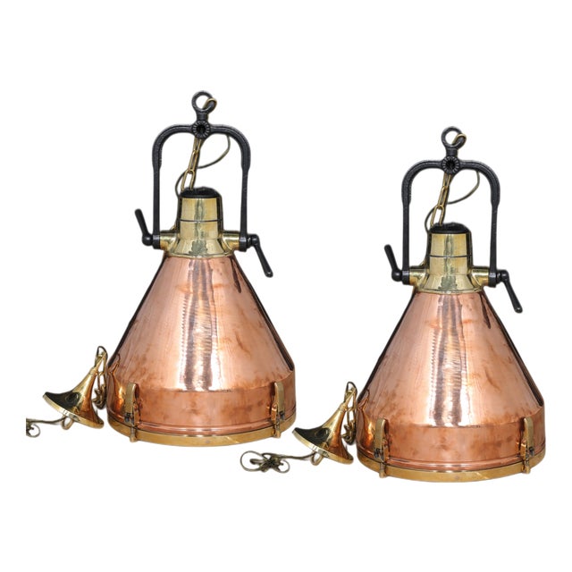 1970s Copper and Brass Nautical Ship's Pendant Lights - a Pair For Sale
