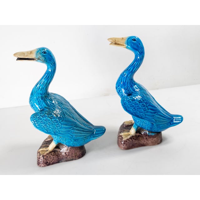 Early 20th Century 20th Century Pair of Chinese Turquoise Blue Glazed Chinoiserie Ducks or Geese For Sale - Image 5 of 13