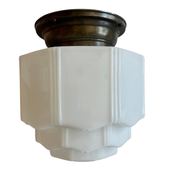 1930s 1930s Art Deco Skyscraper Pattern Flush Mount on Old Brass Holder For Sale - Image 5 of 5