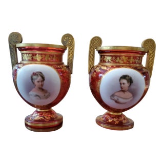 Antique Bohemian Glass Moser Ruby Urns Plaque Decor- a Pair For Sale