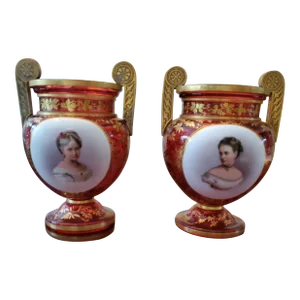 Antique Bohemian Glass Moser Ruby Urns Plaque Decor- a Pair