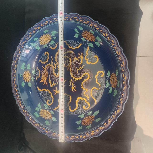 Ceramic Early 20th Century Chinese Ceramic Plate,Zhizheng Marked Blue Ground Golde Drawing Porcelain Plate Hand Painted Dragon Pattern For Sale - Image 7 of 10
