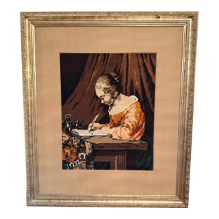 Vintage Needlepoint After Gerard Ter Borch's "Woman Writing a Letter" — Gallery Framed, Dutch Golden Age For Sale