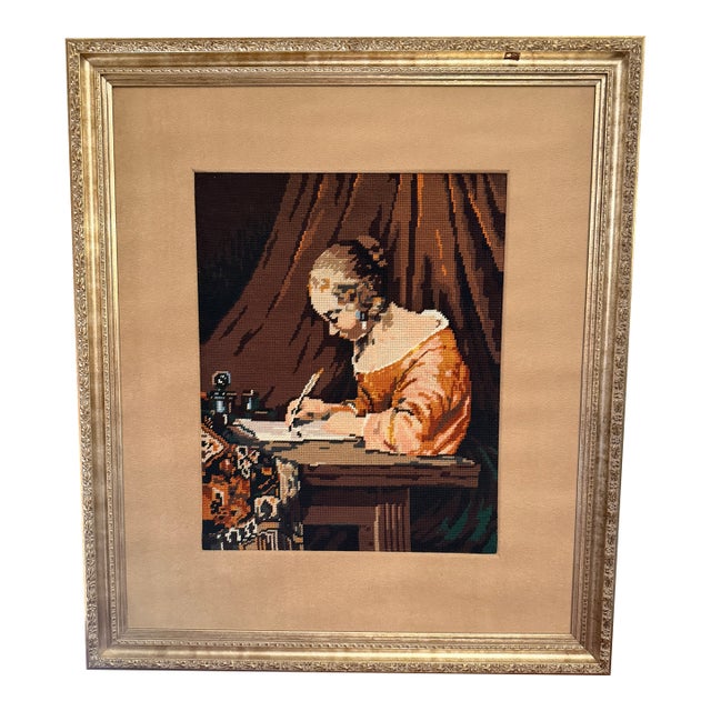 Vintage Needlepoint After Gerard Ter Borch's "Woman Writing a Letter" — Gallery Framed, Dutch Golden Age For Sale