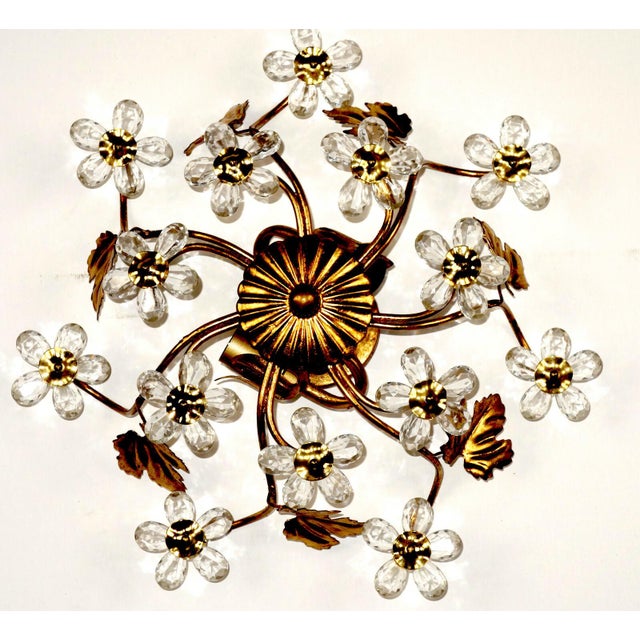 Italian Gold Leaf-Plated Metal and Crystal 2-Light Ceiling Light, 1960s, in Very Good conditions. Designed 1960 to 1969 I...