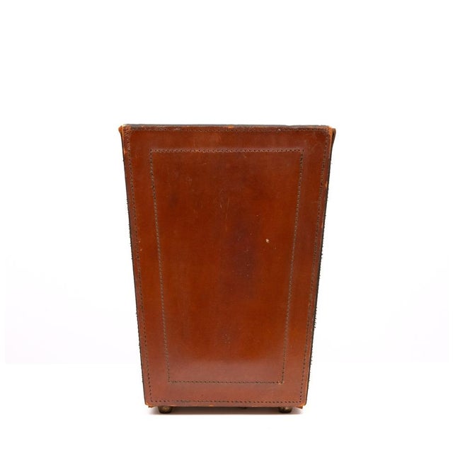 Cognac Color Stich Leather Paper Basket, France, 1960s For Sale - Image 6 of 8