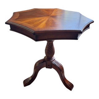 Regency Style Octagonal Pedestal Table, Sunburst Veneer Top, Carved Tripod Base For Sale