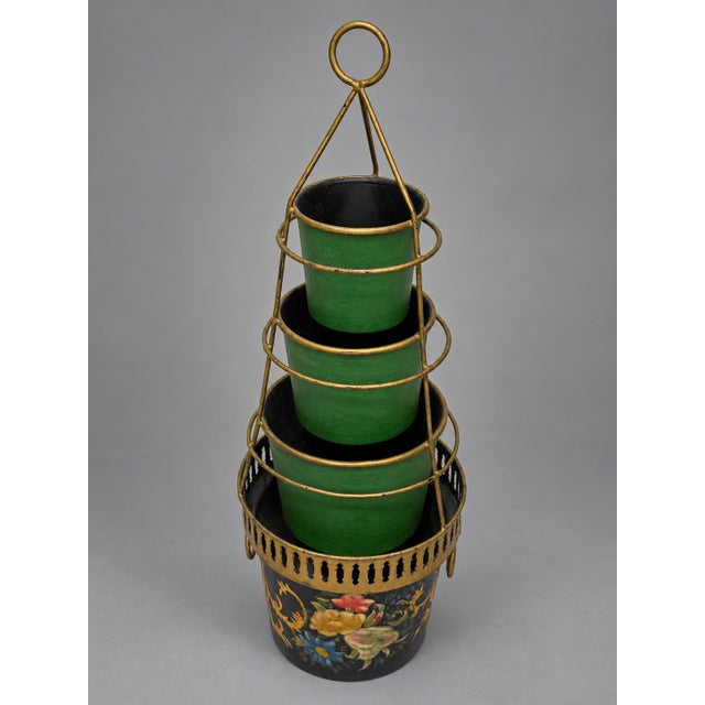 French Style Tiered Toleware Jardinière With Floral and Gold Decoration An unusual tabletop jardinière of painted tole,...