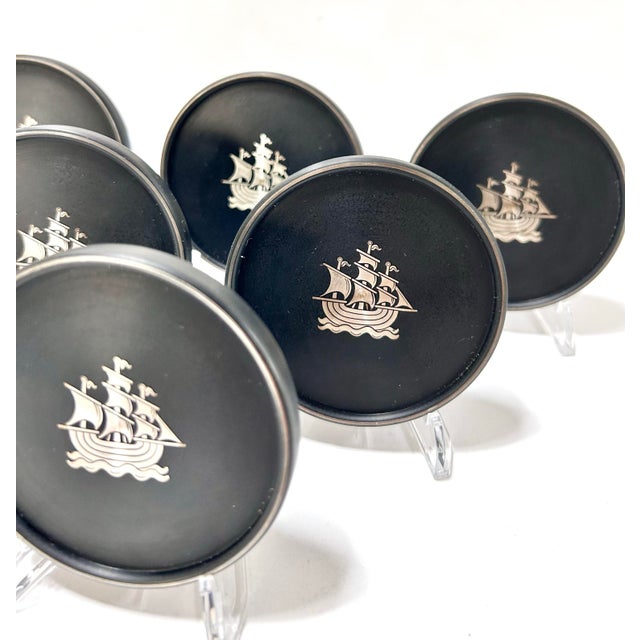 Vintage Nautical Silver Ship Coasters – Swedish Lerstorp Black Bakelite/Isolite Scandinavian Barware - Set of 6 For Sale - Image 4 of 9