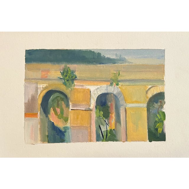 This lush work has an impressionist feel, gouache on art paper. Image of stone columns, appears it is an old aqueduct for...