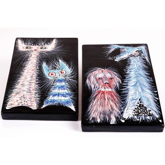 Splendid ceramic plates with polychromed figures of cats and dogs designed by Otello Rosa for San Polo, Venezia, 1950's...