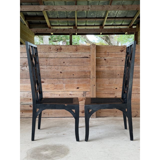 1990s Pair of Guildmaster Black Chinoiserie Cane Dining Side Chairs For Sale - Image 5 of 12