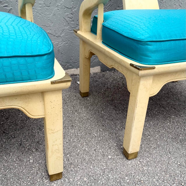 Wood Vintage Ming Style Horseshoe Lounge Chairs With Faux Alligator Skin - A Pair For Sale - Image 7 of 11