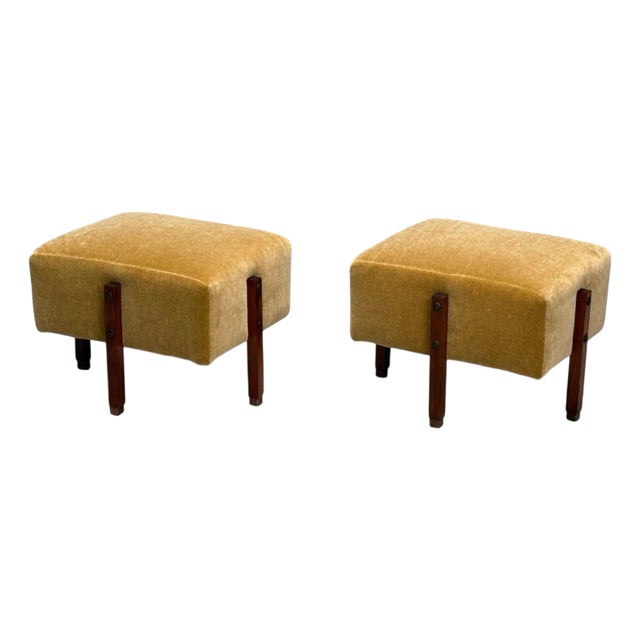 Italian Mid-Century Modern, Stained Wood, Camel Mohair, Ottomans, Italy, 1960s For Sale
