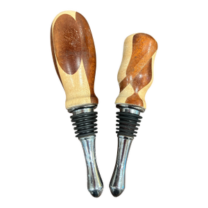 1980s Elegant Pair of Italian Rosewood Turned & Inlaid Wood Wine Bottle Stoppers - Hand Turned