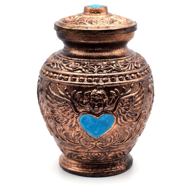 Aura Angel Wings Turquoise Heart Keepsake Cremation Urn Metal Antique Copper Finish For Sale - Image 9 of 9