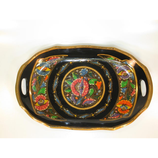 Black Tray Hand painted Paper mache Tole-Ware 1900-1940, Directoire Multi-Col For Sale - Image 8 of 12
