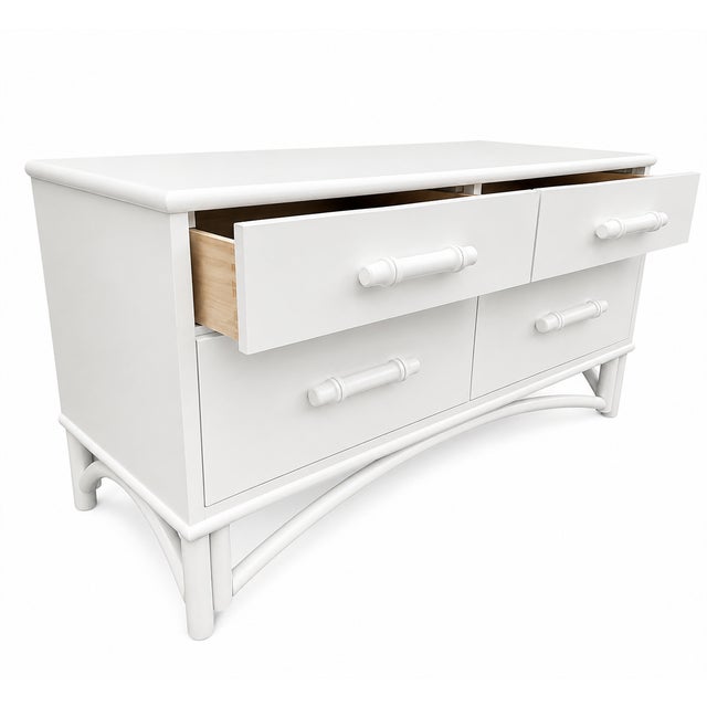 Mid 20th Century Whitecraft Vintage Coastal White Bamboo & Wood Low 4-Drawer Dresser For Sale - Image 5 of 6