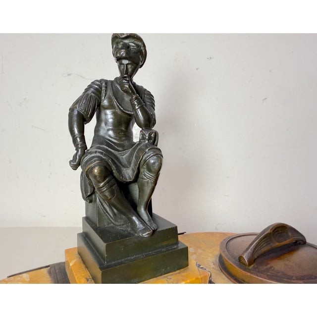 Antique French Solid Siena Marble Bronze Lorenzo De Medicis Statue Desk Inkwell For Sale - Image 9 of 18