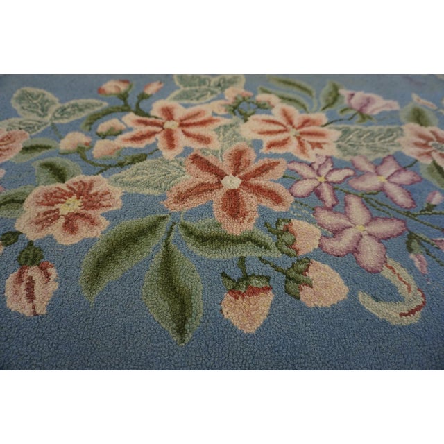 1950s Beautiful Baby Blue Background With Unique Flower Design Antique American Hooked Rug For Sale - Image 5 of 6