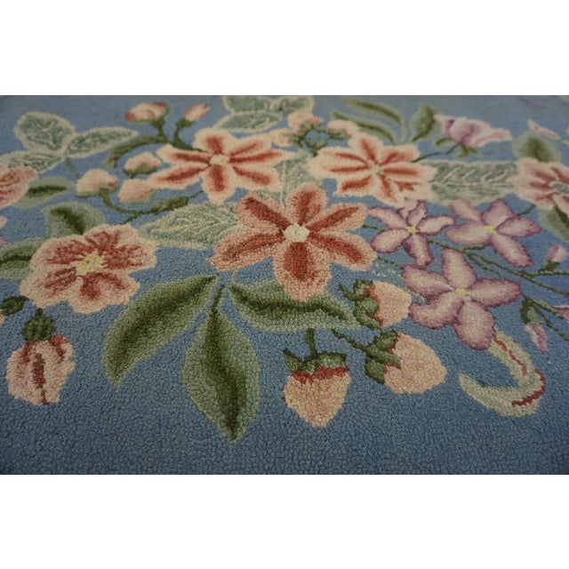 1950s Vintage Mid Century Floral Light Blue Folk Art American Hooked Oval Rug For Sale - Image 5 of 6