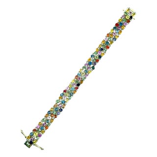 Multi-Colored Sapphire Diamond 14k Yellow Gold Flexible Bracelet For Sale