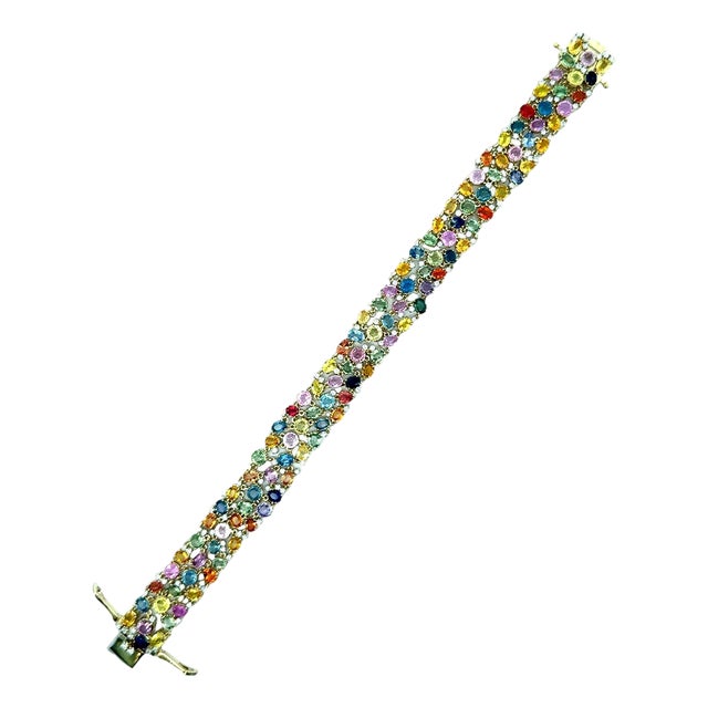 Multi-Colored Sapphire Diamond 14k Yellow Gold Flexible Bracelet For Sale