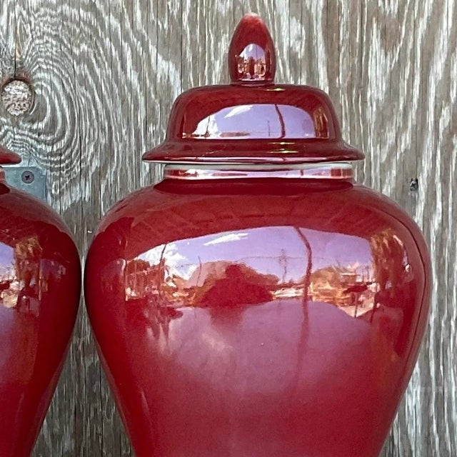 Burgundy Vintage Asian “Sang De Boeuf” Glazed Ceramic Ginger Jar Urns - a Pair For Sale - Image 8 of 12