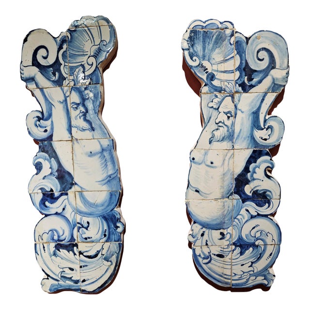 Pair of 18th-Century Portuguese Azulejo Tile Mermen For Sale