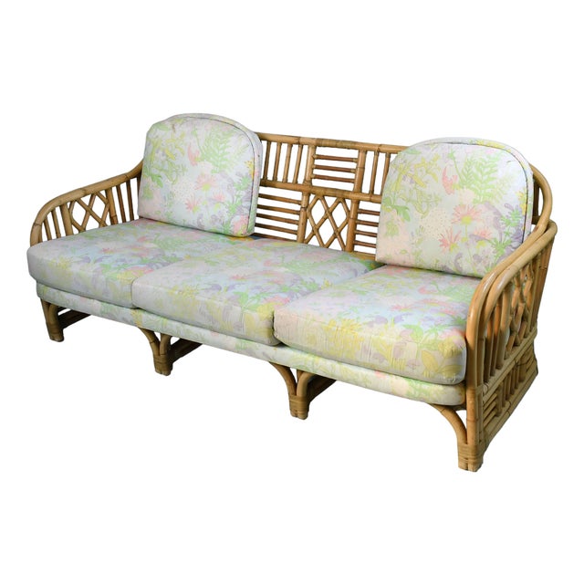 Vintage Fretwork Burnt Bamboo Sofa For Sale