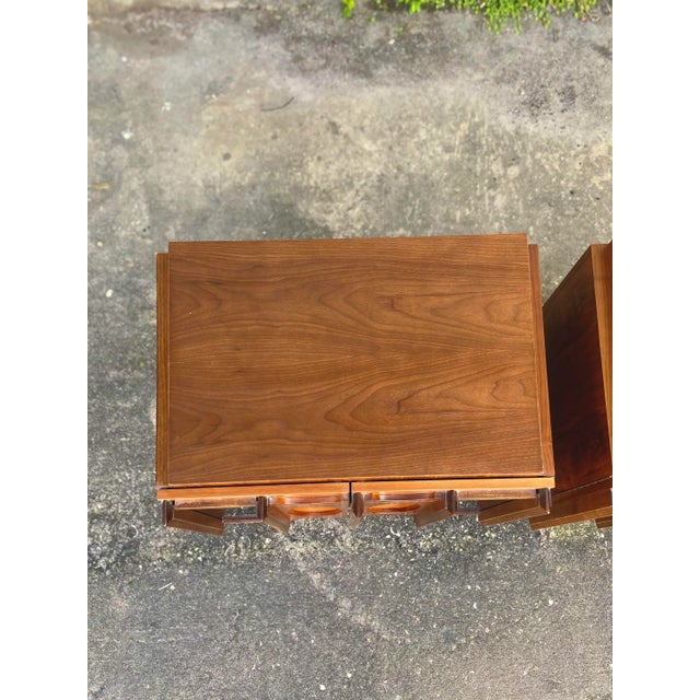 Glass Pair of Mid Century Modern Brutalist Nightstands + Inset Smoked Mirrors | by Tobago For Sale - Image 7 of 13