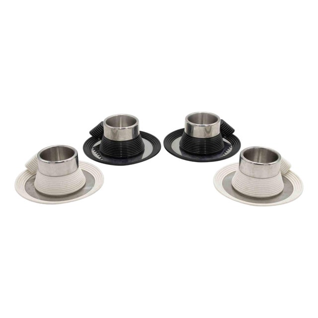 Stainless Steel Espresso Cups Set with Plates by Carlo Giannini, 1970s, Set of 4 For Sale