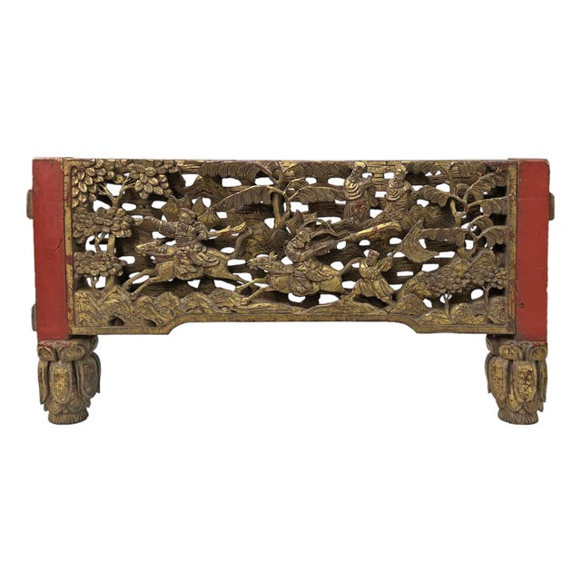 Chinese Vintage Wood Golden Relief Carving Wall Hanging Art Plaque For Sale