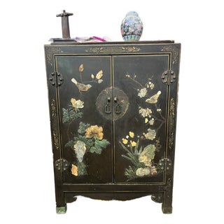 Antique Chinese Black Lacquer Cabinet W Jade Inlay of Bird & Floral Motif For Sale
