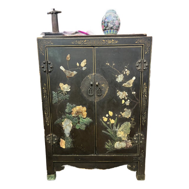 Antique Chinese Black Lacquer Cabinet W Jade Inlay of Bird & Floral Motif For Sale