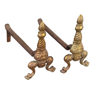 Vintage Ornate Brass Fireplace Andirons—A Pair For Sale