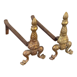 Vintage Ornate Brass Fireplace Andirons—A Pair