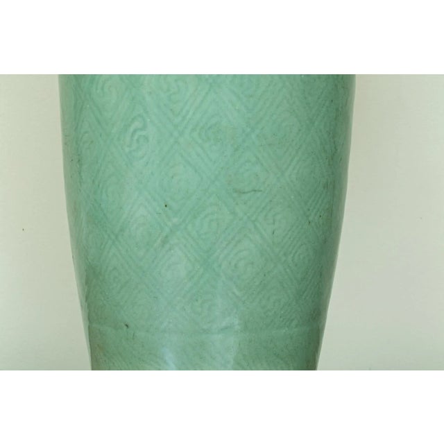 Chinese Antique Chinese Monochrome Porcelain Cylinder Vase With Celadon Glaze Mounted as a Table Lamp For Sale - Image 3 of 13