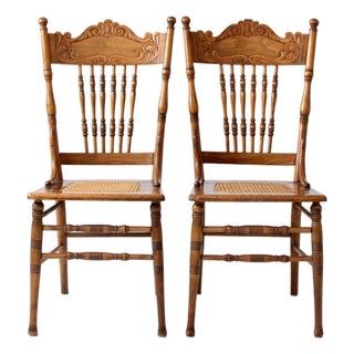 Antique Victorian Pressed Back Cane Seat Chairs Pair For Sale