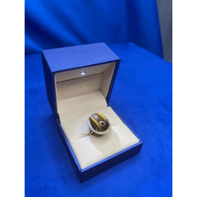 Golden Oval Tiger's Eye Cabochon Diamond Halo Cocktail 14 Karat Yellow Gold Ring, Size 7 For Sale - Image 10 of 15