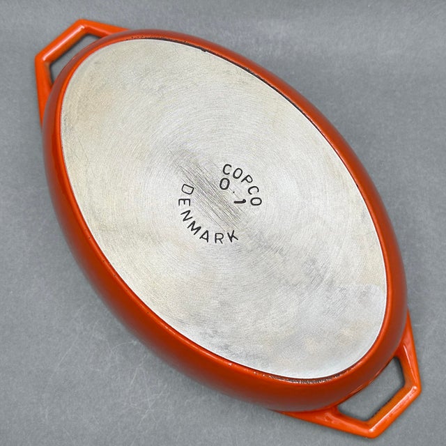 Orange Vintage Orange Copco Denmark Model O-1 Enameled Cast Iron Oval Casserole Dish Designed by Michael Lax. For Sale - Image 8 of 9