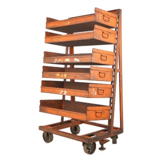 Mid 20th Century Industrial Six Tray Orange Steel Rolling Cart For Sale