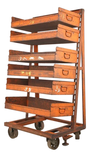Mid 20th Century Industrial Six Tray Orange Steel Rolling Cart