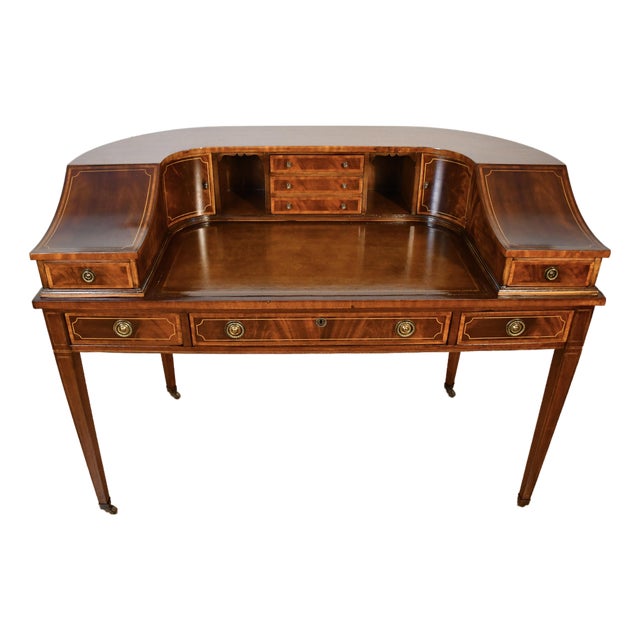1930s English Regency Mahogany Inlaid & Leather Top Carlton Writing Desk For Sale