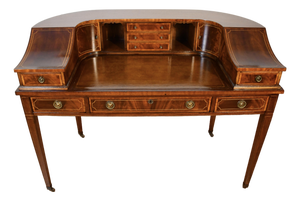 1930s English Regency Mahogany Inlaid & Leather Top Carlton Writing Desk