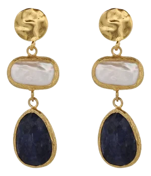 Pearl & Sapphire Gemstone Gold Statement Earrings, 2 Pieces