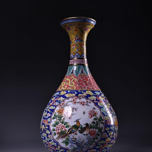 Chinese Enameled "Bird & Flower" Vase With Antique Zitan Carved Dragon Box - 9 LBS For Sale - Image 4 of 9