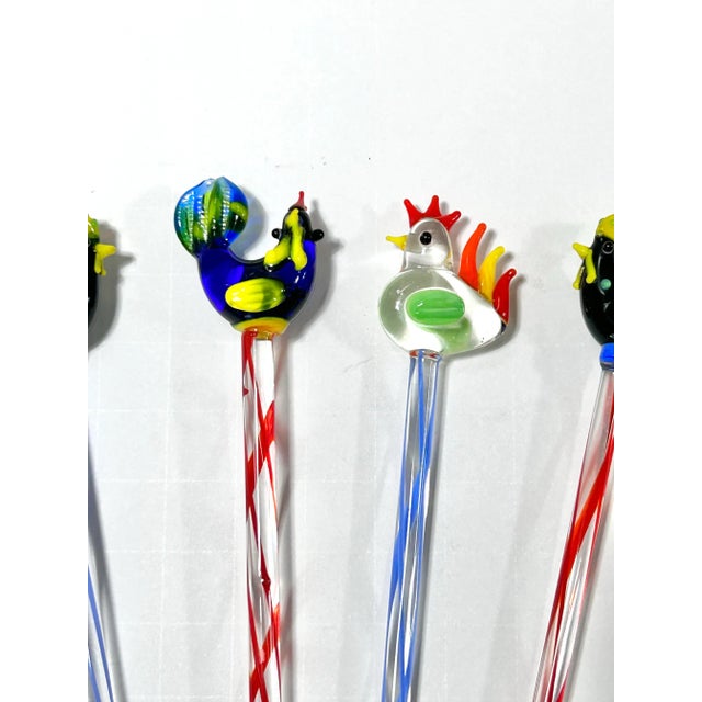 1990s Hand-Blown Glass Rooster Swizzle Sticks – Set of 6 For Sale - Image 4 of 8